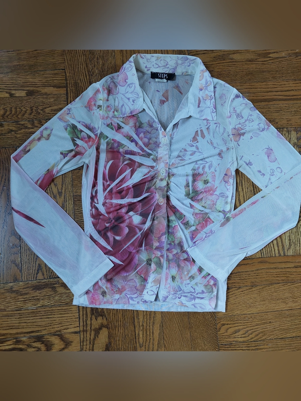 Steps Women's Small Sheer Floral Button-Front Cardigan - Pink & White